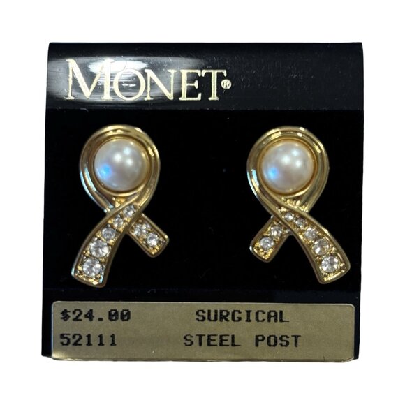 Monet Pearl Rhinestone Goldtone Earrings NWT Vintage 80s Statement  Quality - Picture 1 of 6